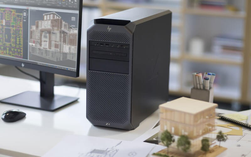 HP Z4 workstation tower on office desk