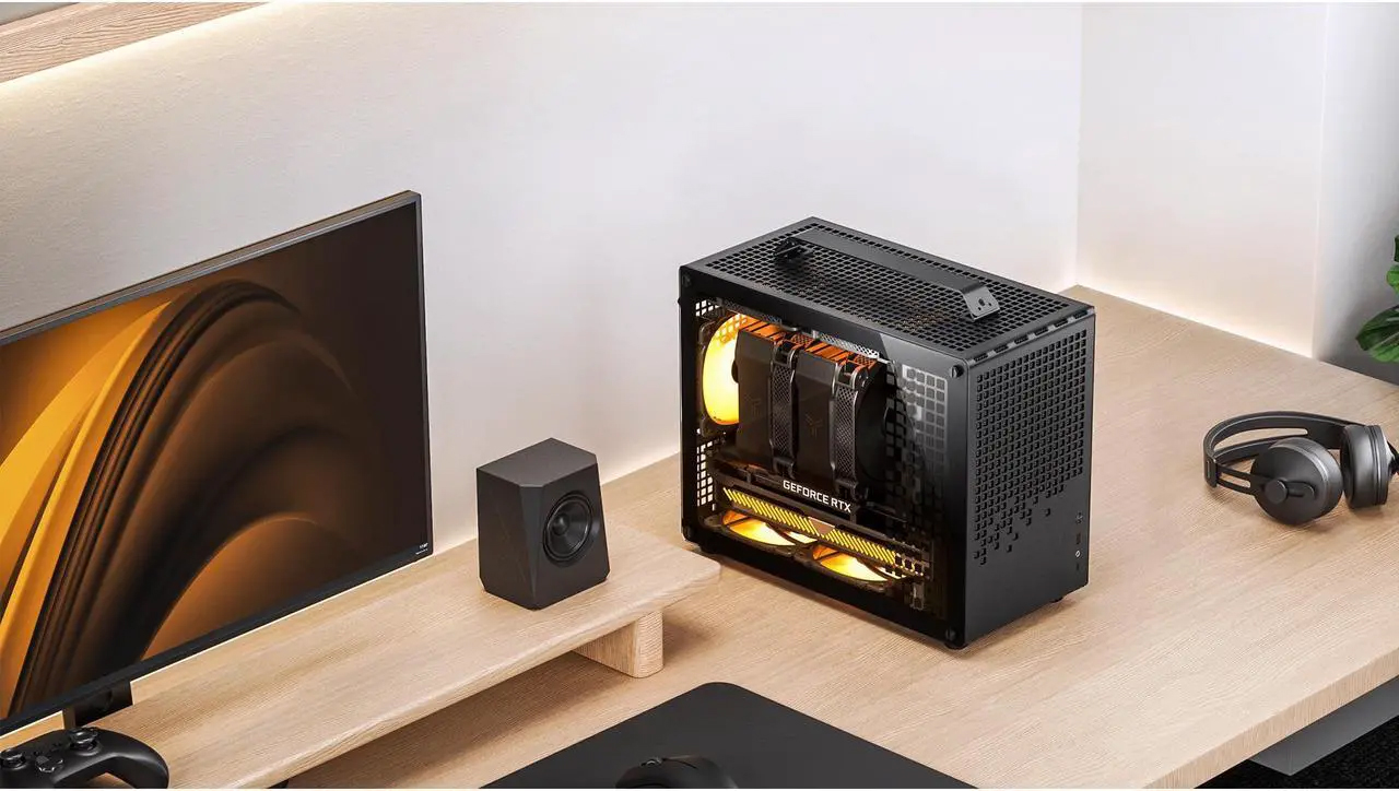 Compact mini-ITX gaming tower on wide desk setup
